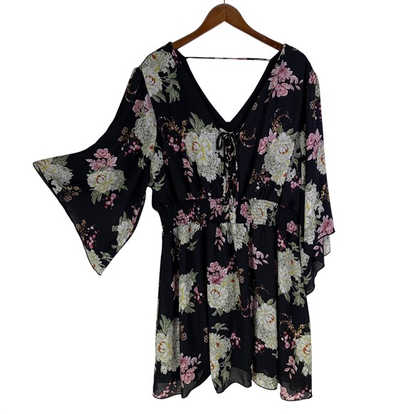 Maurices Dresses & Skirts - Lace Up V-Neck Mini Dress Size 3X Black Floral‎ Whimsigoth Dark Romantic Boho